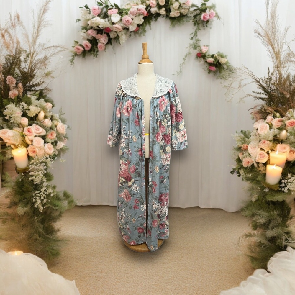 KOMAR Vintage  Cottagecore Floral Cotton Blend Mumu Caftán House Dressing Duster